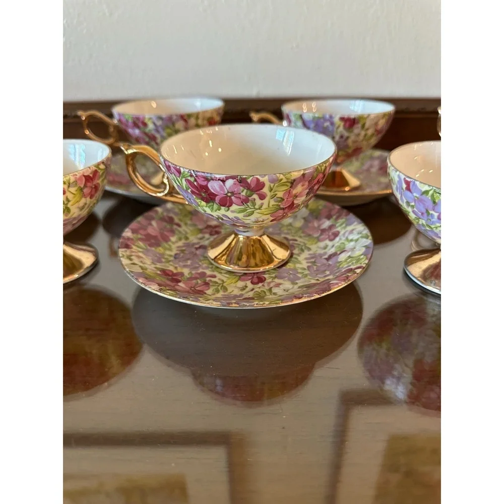 Set of 9 Vintage Fancy China Teacups & Saucers Flower Floral Pattern‎